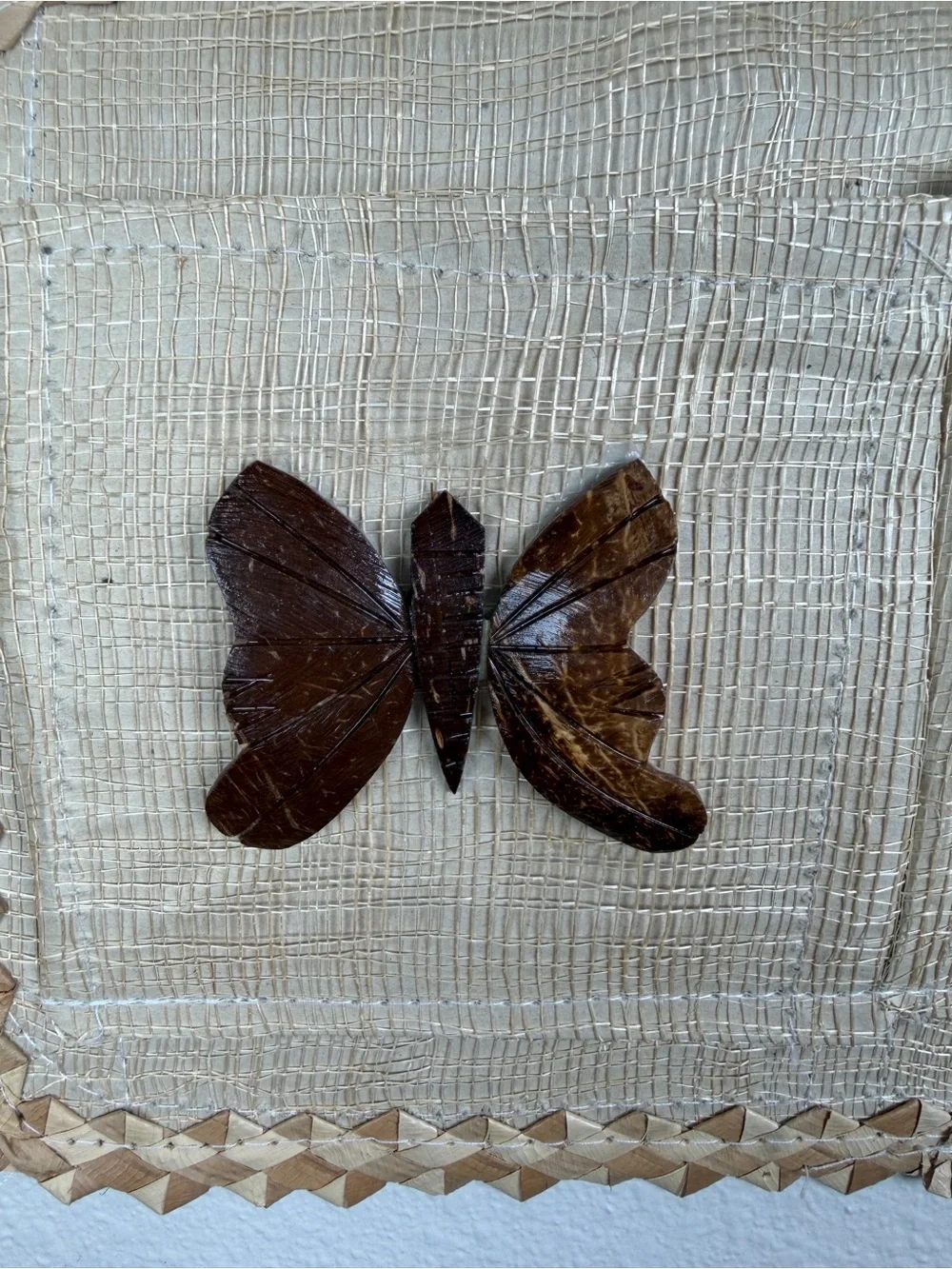 Vintage Woven Rattan Raffia Mail Bill Sorter Coconut Shell Butterfly Sunflower